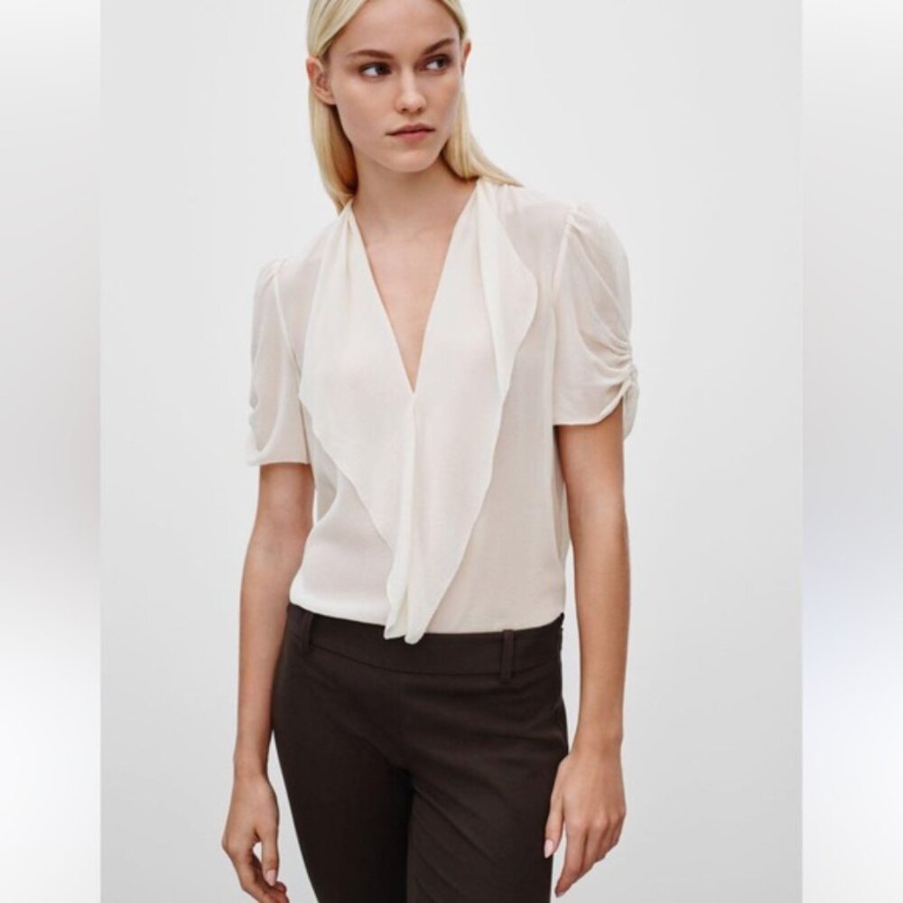 Aritzia Babaton Silk Tinsley Blouse Top Ruffles Sheer V Ruched Shortsleeve Fairy